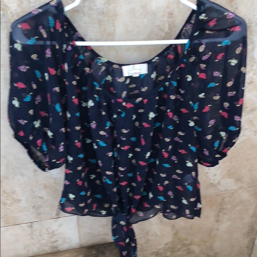 Sheer navy scoop neck ( long) crop top with tie